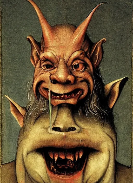Prompt: medieval goblin, head and shoulders, painted by hieronymus bosch, detailed digital art, trending on Artstation