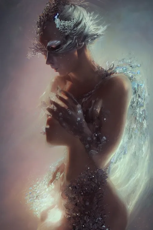 Image similar to beautiful model drowning with face covered with frost diamonds wearing frost velvet, diamonds, angel, fantasy, dramatic lighting, highly detailed, digital painting, magic the gathering, hyper detailed, 3 d render, hyper realistic detailed portrait, peter mohrbacher, wlop, ruan jia