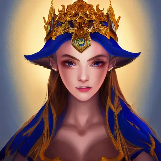 Image similar to a photographic portrait of an heroic fantasy 30 years old princess with a deep blue sapphire and gold diadem, warmer colours, by Zhang Jigna, canon 50mm, artstation