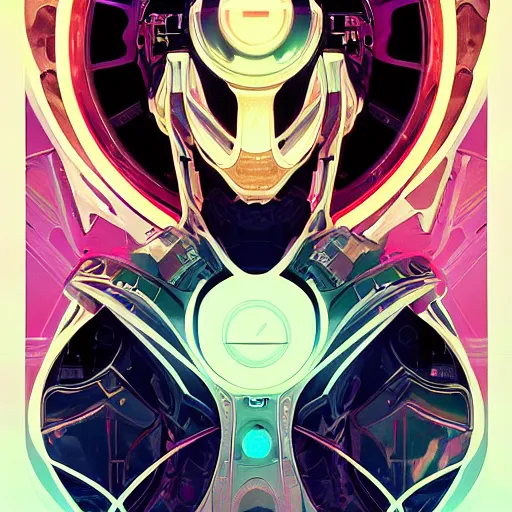 Image similar to symmetry, abstract futuristic robotic, psychedelic background, apex legends, epic lighting, illustration black outlining, ultra detailed, art by artgerm and greg rutkowski and alphonse mucha