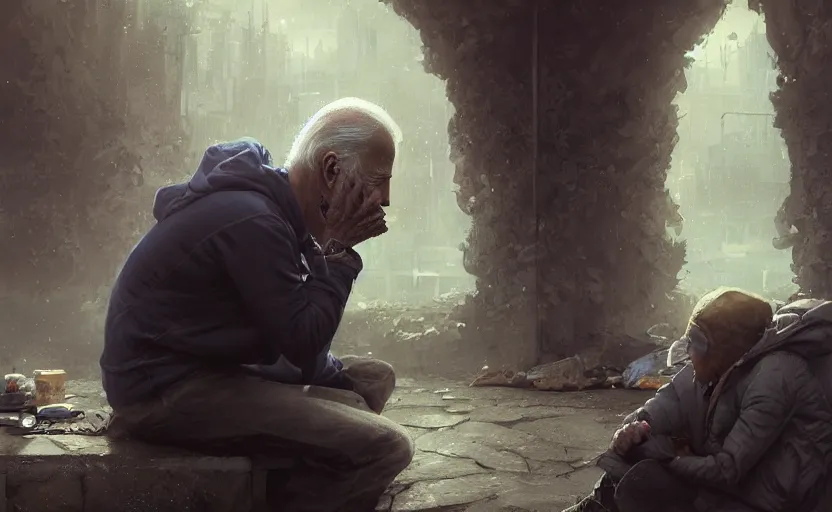 Image similar to highly detailed portrait of joe biden as a homeless, talking to his reflection, stephen bliss, unreal engine, fantasy art by greg rutkowski, loish, rhads, ferdinand knab, makoto shinkai and lois van baarle, ilya kuvshinov, rossdraws, tom bagshaw, global illumination, radiant light, detailed and intricate environment