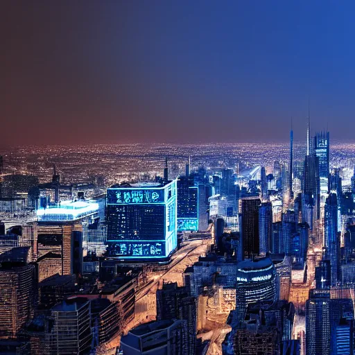 Image similar to the cityscape 4 0 0 0 years from now, with blue lighing and panels, ultra realistic, 4 k, taken with an iphone x