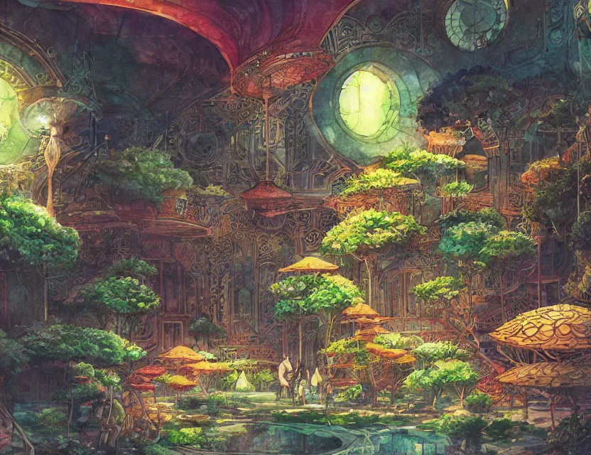 Prompt: persian garden in a space fortress. this watercolor painting by the award - winning mangaka has dramatic lighting, an interesting color scheme, a sense of depth and intricate details.