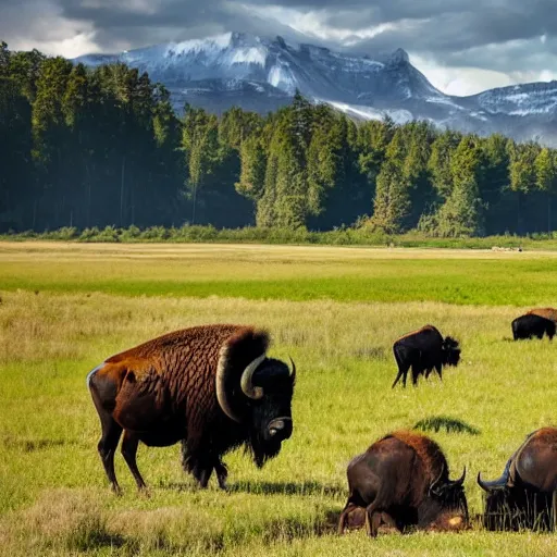 Prompt: a herd of bison alongside a futuristic containment building in a grassy valley with a river, national geographic, hyper realistic, 4 k, harsh light, majestic, wide shot, a sense of hope