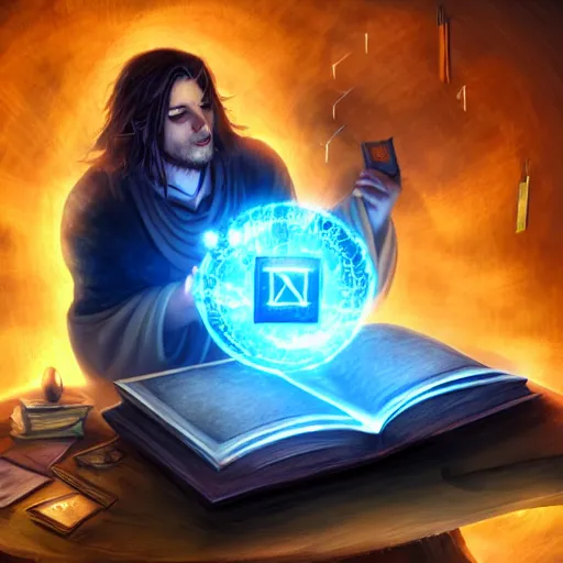 Prompt: A mage reading a spell book at a desk, as he reads the words runes float in the air. Magic, blue lighting, flux. High fantasy, digital painting, HD, 4k, detailed.