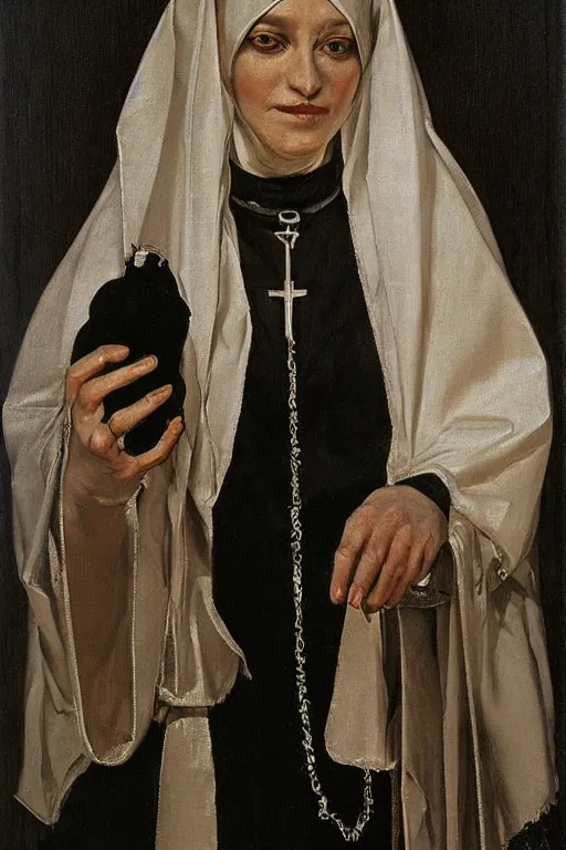 Image similar to portrait, vampire nun, opulent silver embroidered habit, art by jacek malczewski