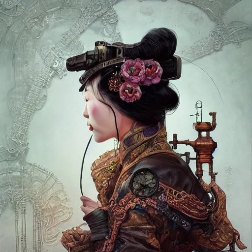 Image similar to steampunk rugged Chinese lady, surreal, dramatic lighting, face, detailed, intricate, elegant, highly detailed, digital painting, concept art, smooth, sharp focus, illustration, art by Sam Spratt, Dan Mumford, Artem Demura and Alphonse Mucha