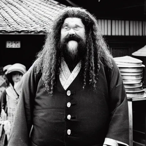 Prompt: Portrait of Hagrid as a 19th century Japanese trader at a Kyoto street market, 1900s photography style