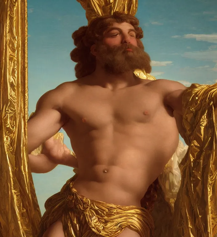 Prompt: a beautifully high detail, intricate, clear detailed portrait of a close up deptic of zeus with an ornate golden teal curtain at beautiful sunset daytime nature sunlit painting by frederic leighton and rosetti, 8 k, octane render