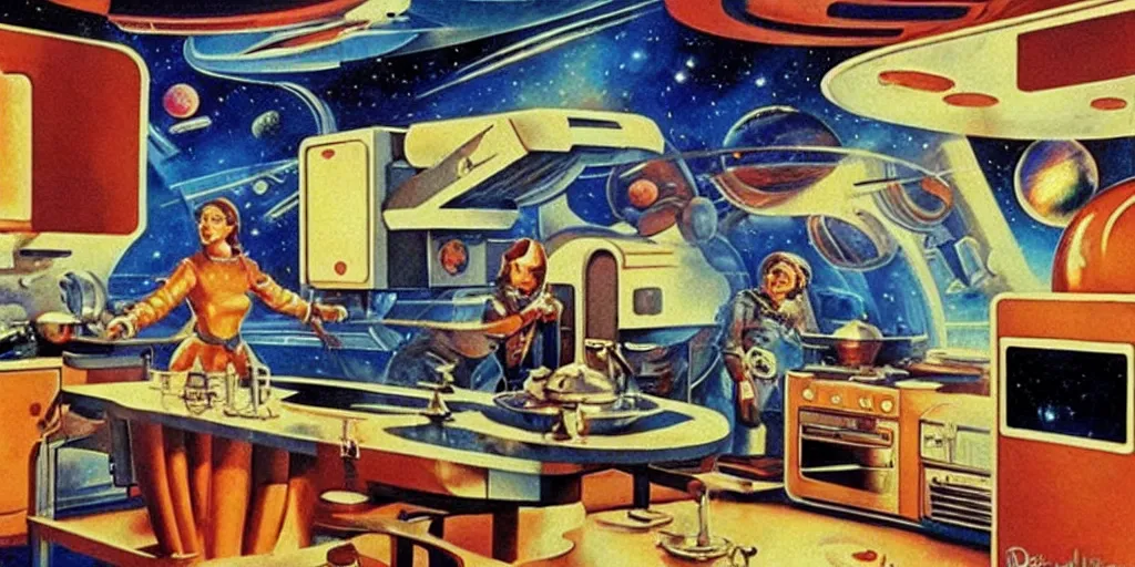 Image similar to soviet retro - futuristic kitchen, space station by drew struzan