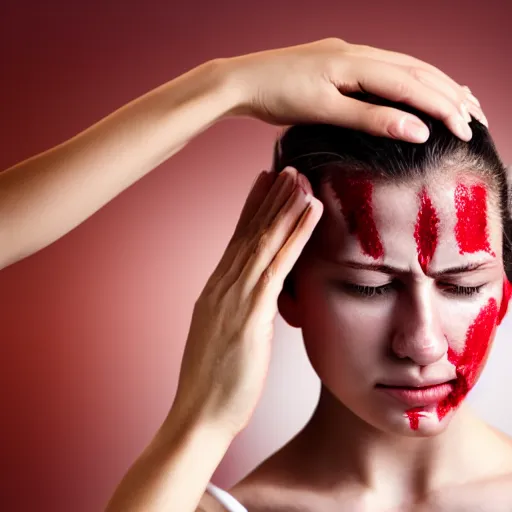 Prompt: headache being physically pulled out of a girl's head, red veins being pulled out of forehead, surreal photograph