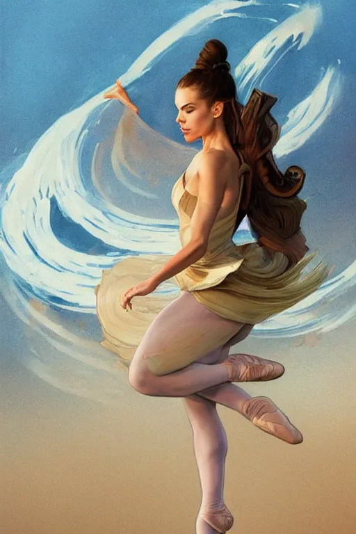 Image similar to a ballet dancing Sofía Vergara as a heroine with a dress inspired by the great wave off kanagawa on the beach at sunrise, digital painting, artstation, concept art, smooth, sharp focus, illustration, in-frame, centered, art by artgerm and donato giancola and Joseph Christian Leyendecker, Ross Tran, WLOP