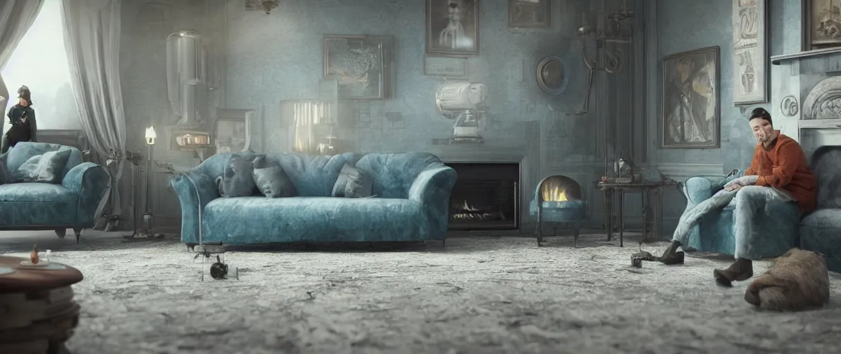 Image similar to Lonely and depressed robot sitting on a couch in front of a large fireplace in a Victorian home in the future. octane render, extremely detailed, cold blue cinematic lighting, 8k, lens flare, cinematic movie photograph, closeup portrait, trending on artstation, cgsociety, award-winning art, by Simon Stalenhag.