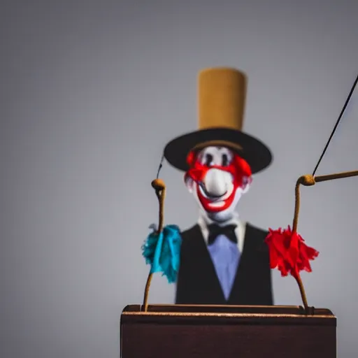 Prompt: siluette of a puppeteer using a string marionette of a president with clown makeup in a podium