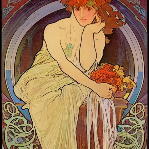 Image similar to fall, painted by alphonse mucha