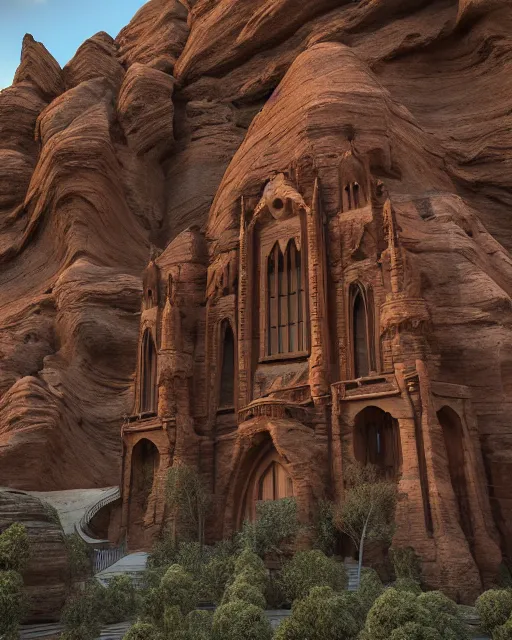 Image similar to beautiful dwelling complex of sandstone, built in red rock canyon, a fusion of star wars and gothic revival architecture, natural volumetric lighting, realistic high detail 4 k render