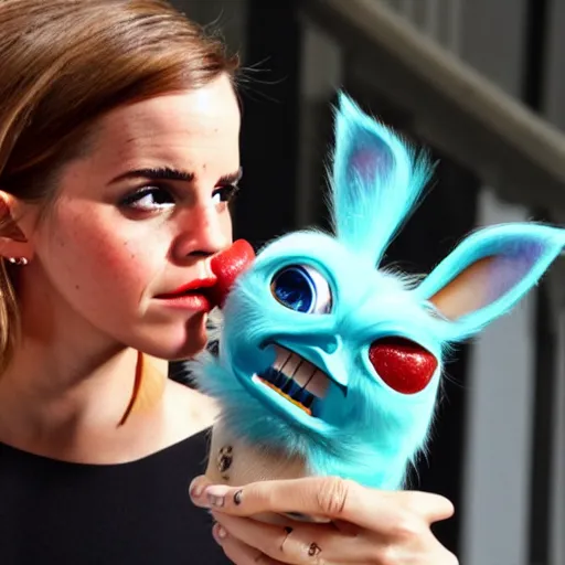 Image similar to Emma Watson eating Furby with ketchup