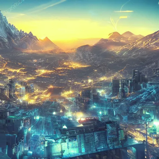 Image similar to beautiful sunset over detailed cyberpunk suburb in a valley surrounded by epic mountains with snowtops, sharp, highly detailed, hyperrealistic, 4 k, - i