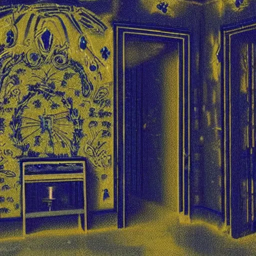 Prompt: a black unicorn in a blue and gold haunted liminal abandoned room, film still by david lynch, limited color palette, very intricate, art noveau, highly detailed, strong lights, liminal, eerie, bright pastel colors