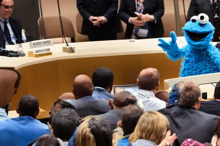 Image similar to Cookie Monster gives a talk at the UN