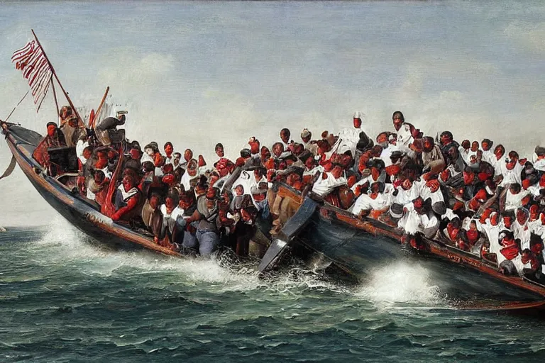 Image similar to whaling boat filled with nfl football players in helmets and pads, american school, whaling painting, robert wyland