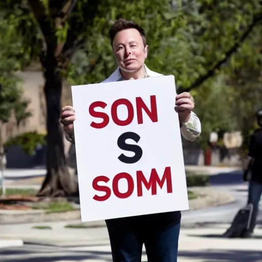 Prompt: a medium shot photograph of elon musk holding a sign with the word SOON' on it, 4k, ultra HD