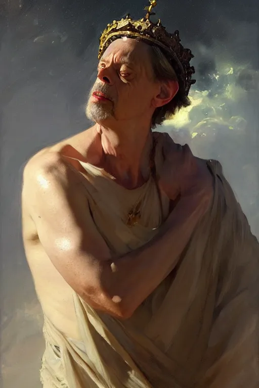 Image similar to beautiful expressive oil painting portrait of ancient roman god emperor steve buscemi ascending wearing the civic crown levitating in religious pose, art by anders zorn, wonderful masterpiece by greg rutkowski, beautiful cinematic light, american romanticism by greg manchess, jessica rossier