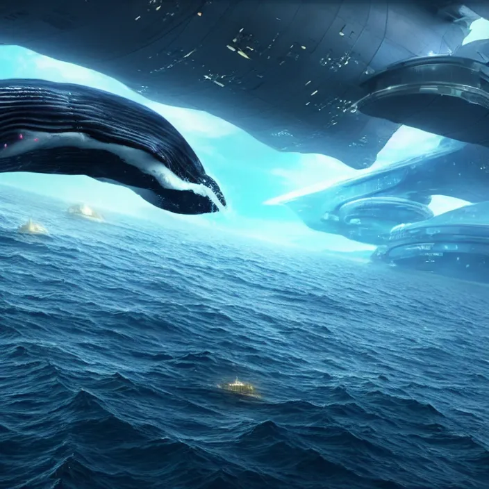 Image similar to Huge whale-shaped cybership, hard sci-fi,global illumination, physically based rendering, photoreal, small details, intricate, science fiction fantasy
