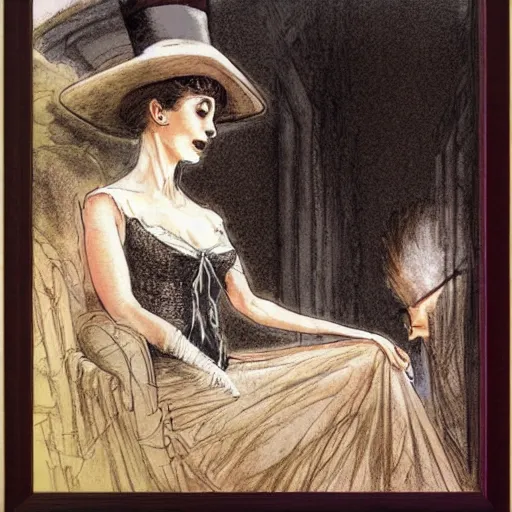 Image similar to a mummy in victorian clothes and a top hat has an intimate conversation with a woman in victorian clothes, graphic novel style by alan lee and john howe