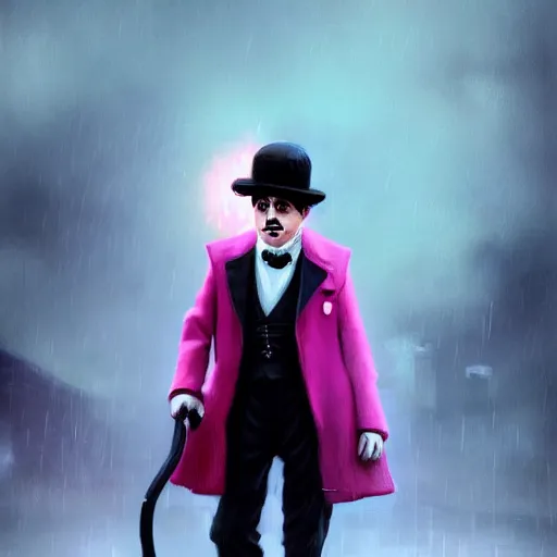 Image similar to a portrait of charlie chaplin, rainy background, pink bright art masterpiece artstation. 8 k, sharp high quality artwork in style of jose daniel cabrera pena and greg rutkowski, concept art by tooth wu, hearthstone card game artwork.