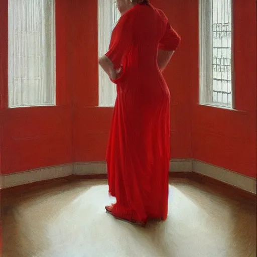 Prompt: woman wearing red, in a ( white room ), by donato giancola.