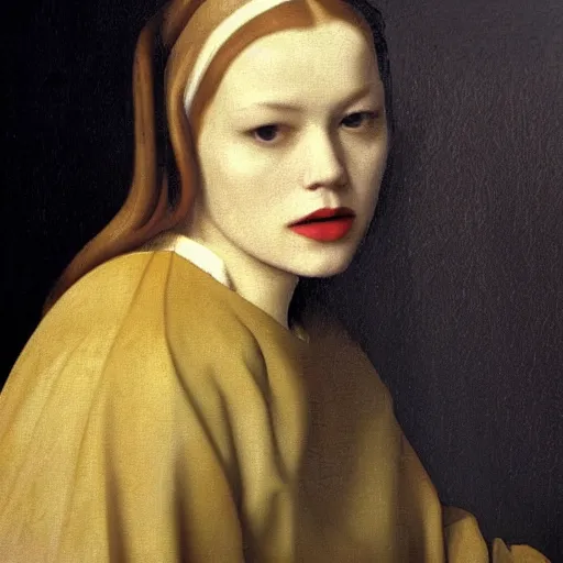 Prompt: portrait of abbie cornish by johannes vermeer, hd, beautiful, glamorous, award winning, 4 k