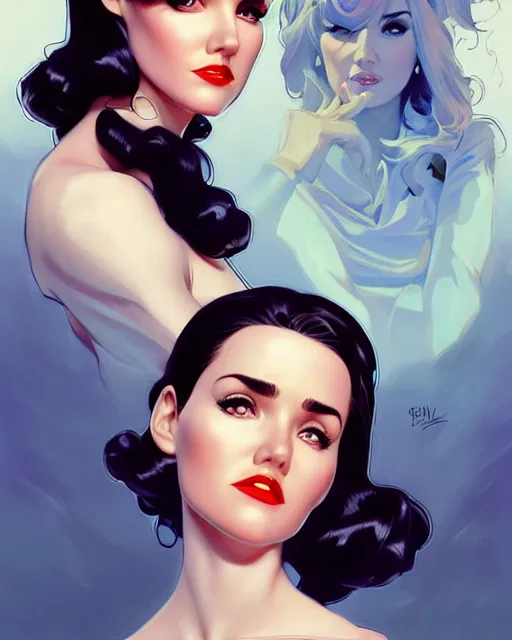 Image similar to a pin up and beautiful fashion charming dreamlke jennifer connelly, symmetrical face symmetrical eyes, character art, art by artgerm lau and wlop and and ilya kuvshinov and john singer sargent, rafael albuquerque comic art, hyperdetailed, 8 k realistic, symmetrical, frostbite 3 engine, cryengine, digital art