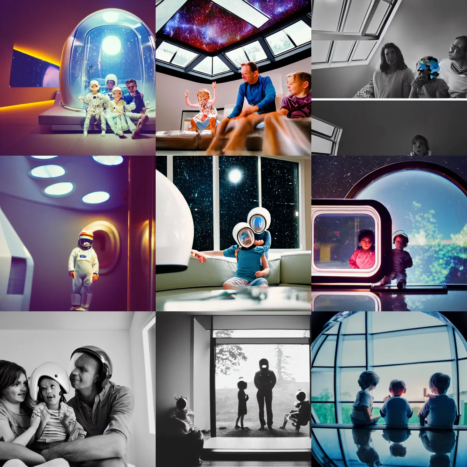 Prompt: a family is sitting in a futuristic shiny home. They're wearing space helmets. The glass is reflecting the light, Cooke anamorphic, Kodak film, space age pop, cinematic soft lighting, f/1.8 , 50mm, ISO 1000, bokeh. Masterpiece, award winning photography