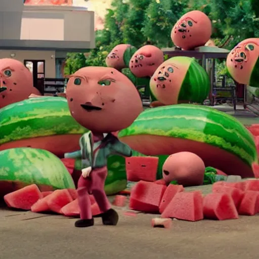 Image similar to a giant watermelon rampage town , movie scene