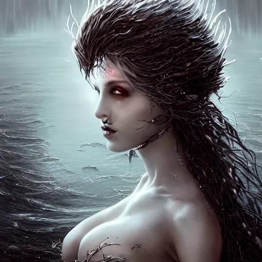 Image similar to kerli koiv as the lady of the lake, darkwave, darksynth, concept headshot art, sharp, digital matte painting, art by luis royo, greg rutkowski, wlop, dramatic lighting, trending on artstation