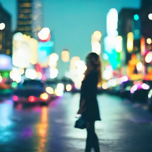 Prompt: photo of a woman standing on a street, neon lights, bokeh