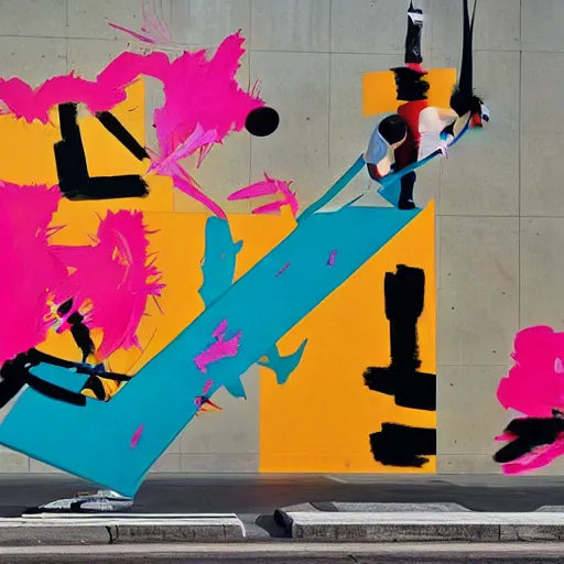 Prompt: by robert motherwell, by li wei street art. a beautiful performance art of a space battle with wild, bright colors.