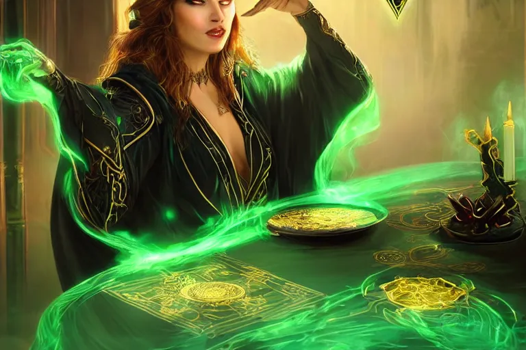 Image similar to a beautiful sorceress wearing a black robe with gold embroidery, sitting at table, casting a spell, green glows, painted by artgerm, in the style of magic the gathering, highly detailed digital art