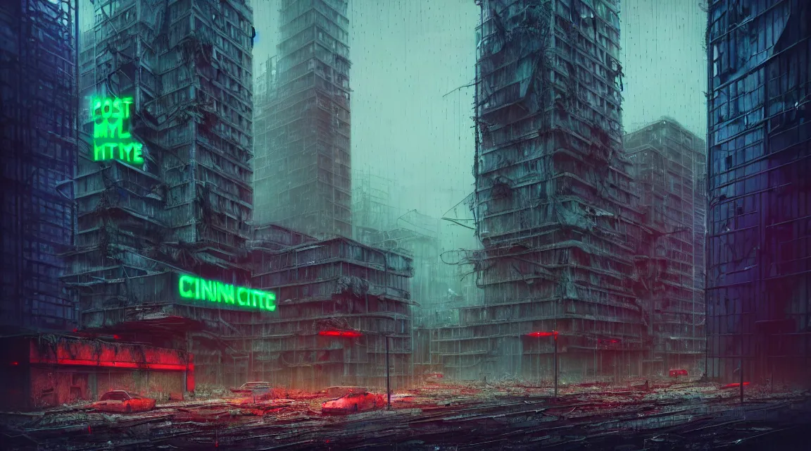 Prompt: post apocalyptic city building, raining, building, avenue, modern contemporary urban americana concrete architecture, by pascal blanche, neil blevins, neon color scheme, trending on artstation, photorealistic, neon ambiance, ultra detailed, high definition, depth of field, bokeh, wild vegetation, blood stains, crumbling, post - apocalyptic warriors