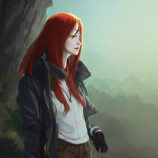 Image similar to a pale redheaded demoness with yellow eyes and horns wearing a jacket, dark spot around eye, highly detailed, digital painting, artstation, matte, by makoto shinkai, animation style