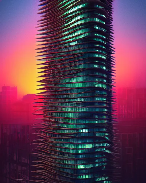 Image similar to a beautiful hyperdetailed highly detailed urbex industrial architecture tower nature building unfinished building by zaha hadid, retro sunset retrowave darkacademia at fall hyperrealism cgsociety tokyo at night thermal vision, archdaily, wallpaper, highly detailed, trending on artstation.