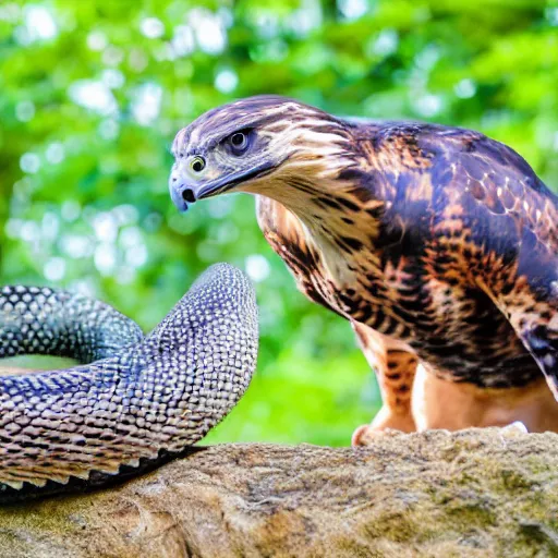 Image similar to hawk and rattlesnake mutant animal , realistic, picture taken in zoo