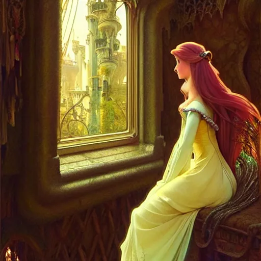 Image similar to The princess from the fairy tale Rapunzel in her tower with long hair flowing down to her feet while gazing at her reflection on the mirror, detail, fantasy, intricate, elegant, highly detailed, digital painting, artstation, concept art, smooth, sharp focus, illustration, art by Krenz Cushart and Artem Demura and alphonse mucha