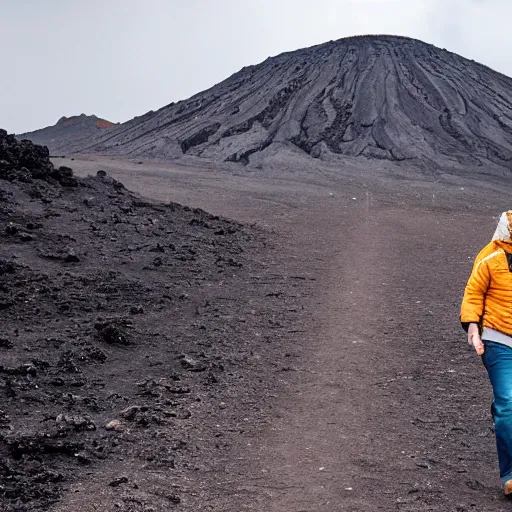 Image similar to photograph of people wearing jeans hiking to a volcano eruption in reykjanes