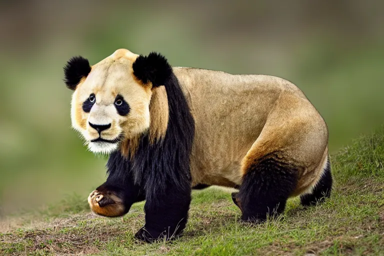 Image similar to a lion panda!!! hybrid! hyper realistic!! realistic lighting!! wildlife photographer of the year!!! bold natural colors, national geographic, hd, wide angle, 8 k