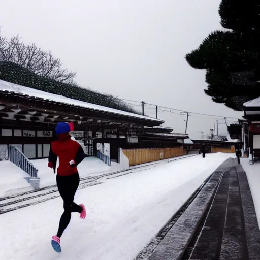 Prompt: enoden running in the snow near shonan kaigan koen station, throwback,