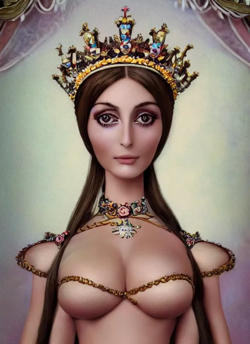 Image similar to closeup face profile portrait of tin toy sharon tate as a fairytale princess wearing a crown eating cakes, bikini, depth of field, zeiss lens, detailed, symmetrical, centered, fashion photoshoot, by nicoletta ceccoli, mark ryden, lostfish, breathtaking, 8 k resolution, extremely detailed, beautiful, establishing shot, artistic, hyperrealistic, octane render