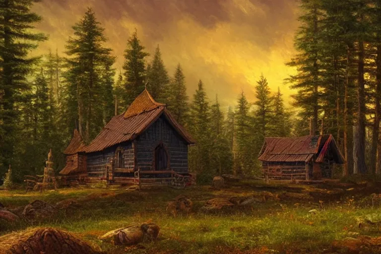 Image similar to small black wooden stave church in the distance in pine forest, very detailed, focused, oil painting, colorful, cinematic lighting, canvas, artstation, Albert Bierstadt, Hermann Hendrich