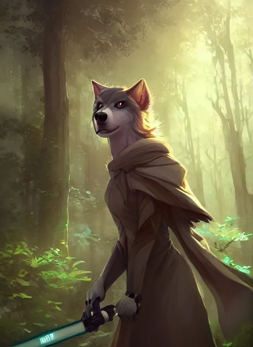 Image similar to beautiful portrait of a female anthro wolf fursona wearing jedi robes in a forest cyberpunk city. character design by charlie bowater, ross tran, artgerm, and makoto shinkai, detailed, soft lighting, rendered in octane